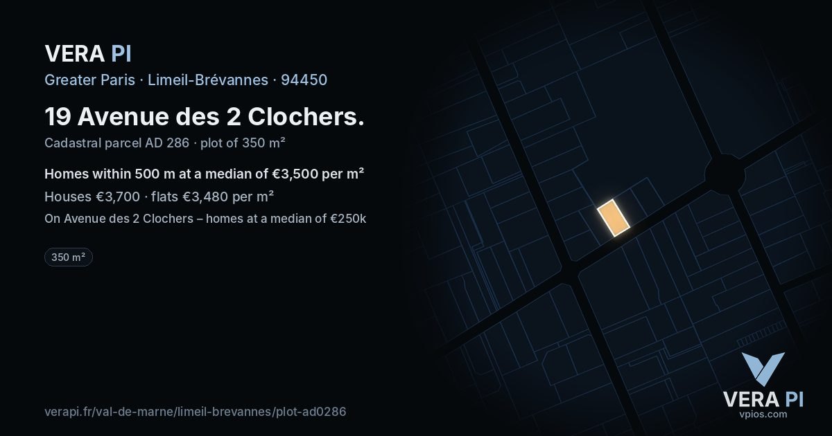 19 Avenue des 2 Clochers, Limeil-Brévannes at night – the plot lit, the parcels around coloured by the prices near them