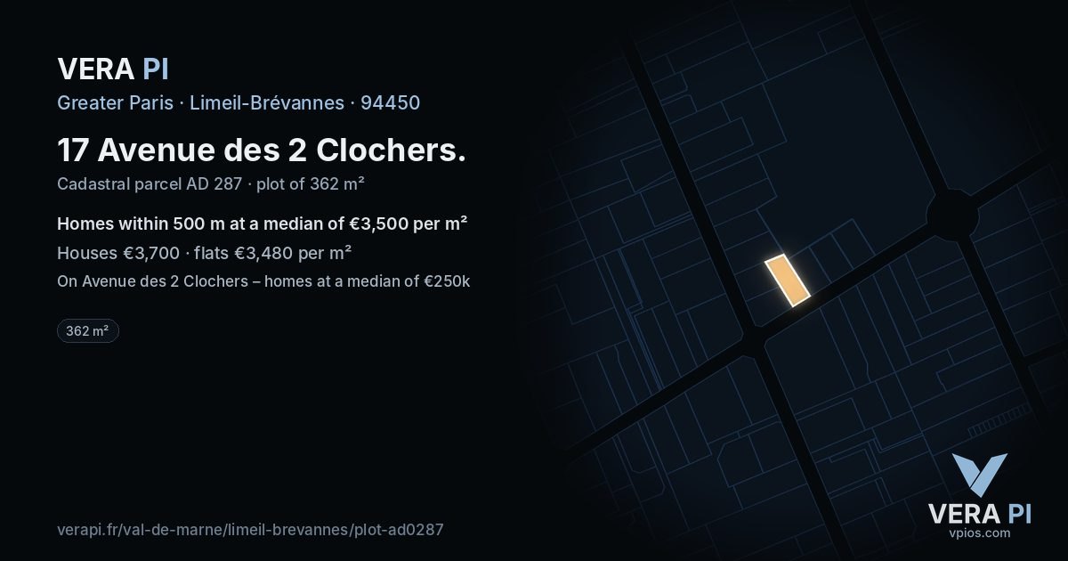 17 Avenue des 2 Clochers, Limeil-Brévannes at night – the plot lit, the parcels around coloured by the prices near them