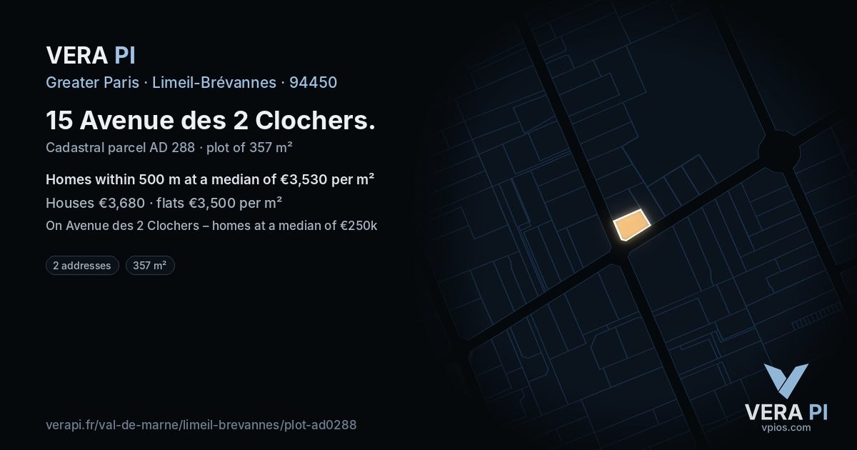 15 Avenue des 2 Clochers, Limeil-Brévannes at night – the plot lit, the parcels around coloured by the prices near them