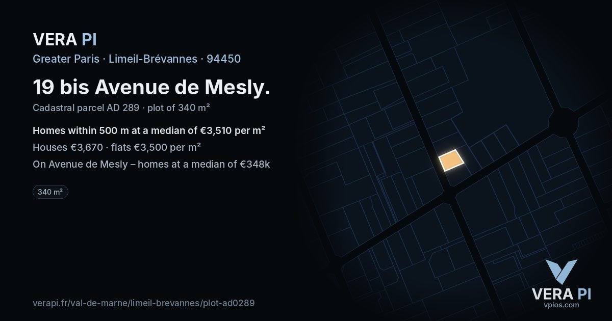 19 bis Avenue de Mesly, Limeil-Brévannes at night – the plot lit, the parcels around coloured by the prices near them