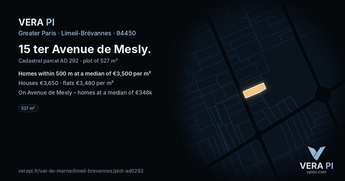 15 ter Avenue de Mesly, Limeil-Brévannes at night – the plot lit, the parcels around coloured by the prices near them