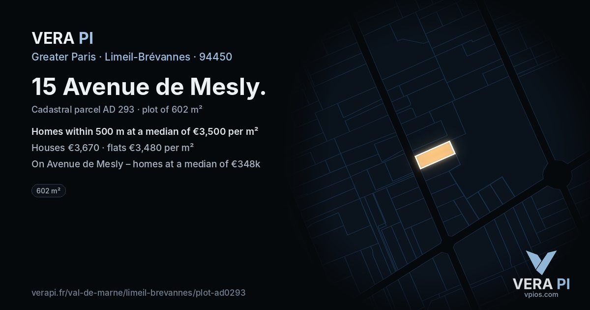 15 Avenue de Mesly, Limeil-Brévannes at night – the plot lit, the parcels around coloured by the prices near them