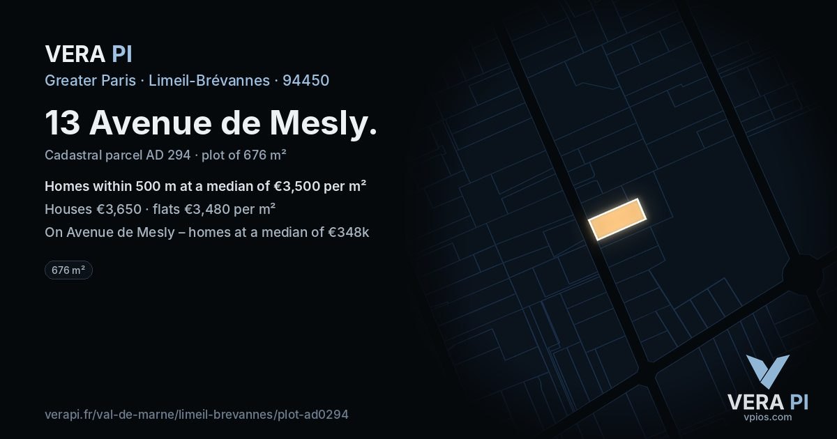 13 Avenue de Mesly, Limeil-Brévannes at night – the plot lit, the parcels around coloured by the prices near them