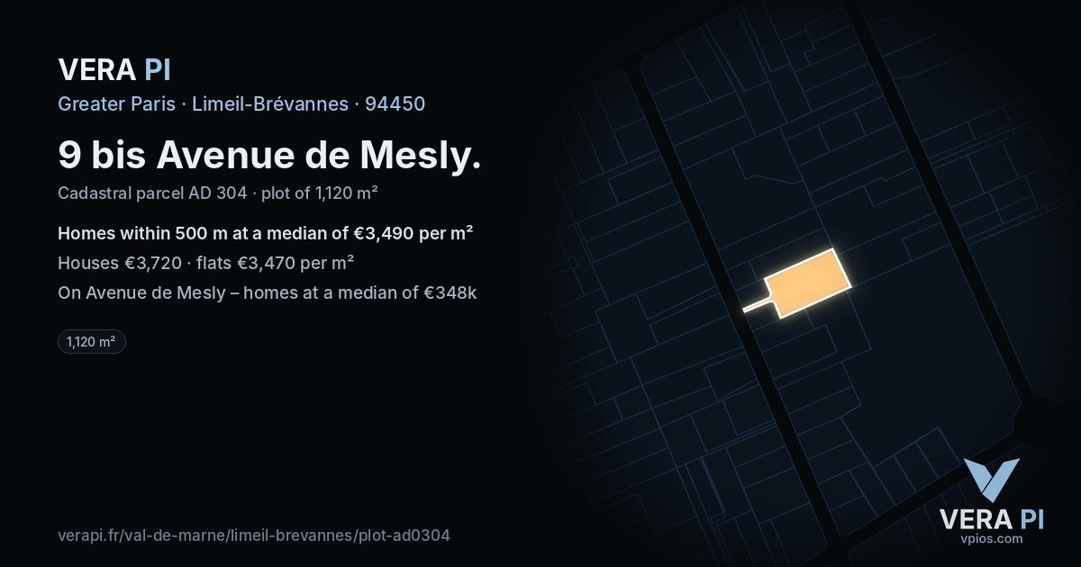 9 bis Avenue de Mesly, Limeil-Brévannes at night – the plot lit, the parcels around coloured by the prices near them