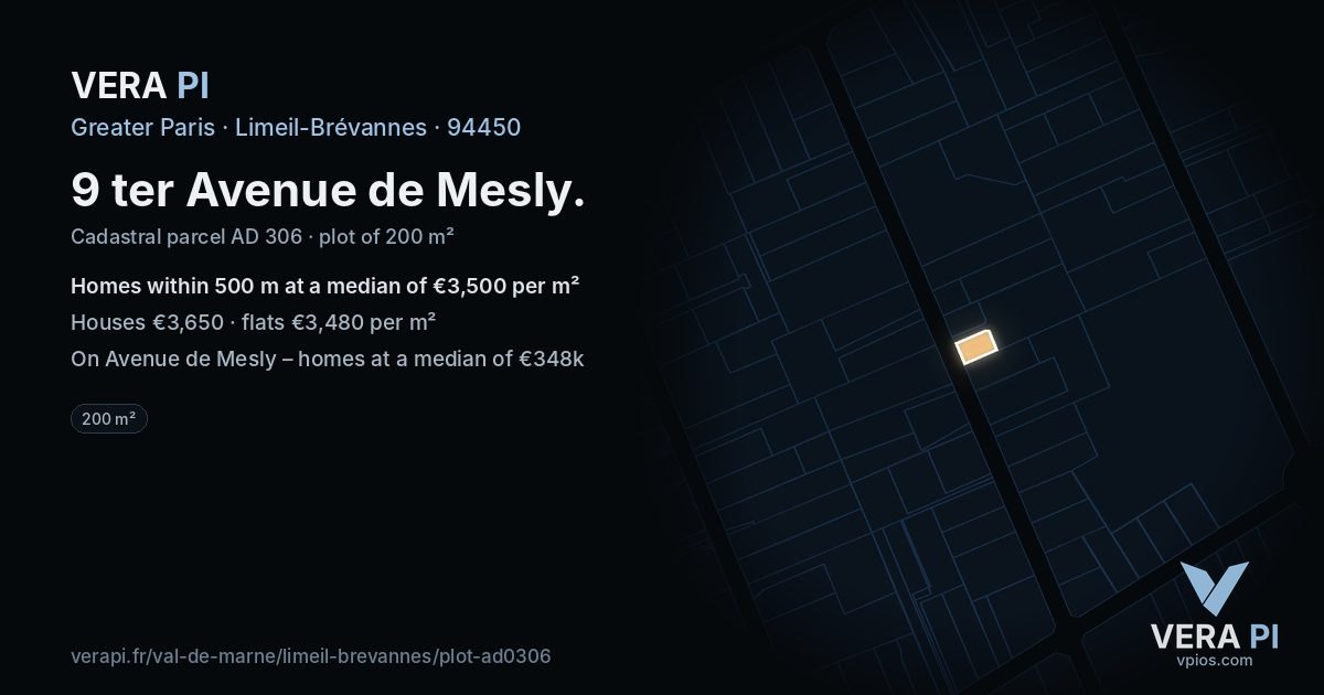 9 ter Avenue de Mesly, Limeil-Brévannes at night – the plot lit, the parcels around coloured by the prices near them