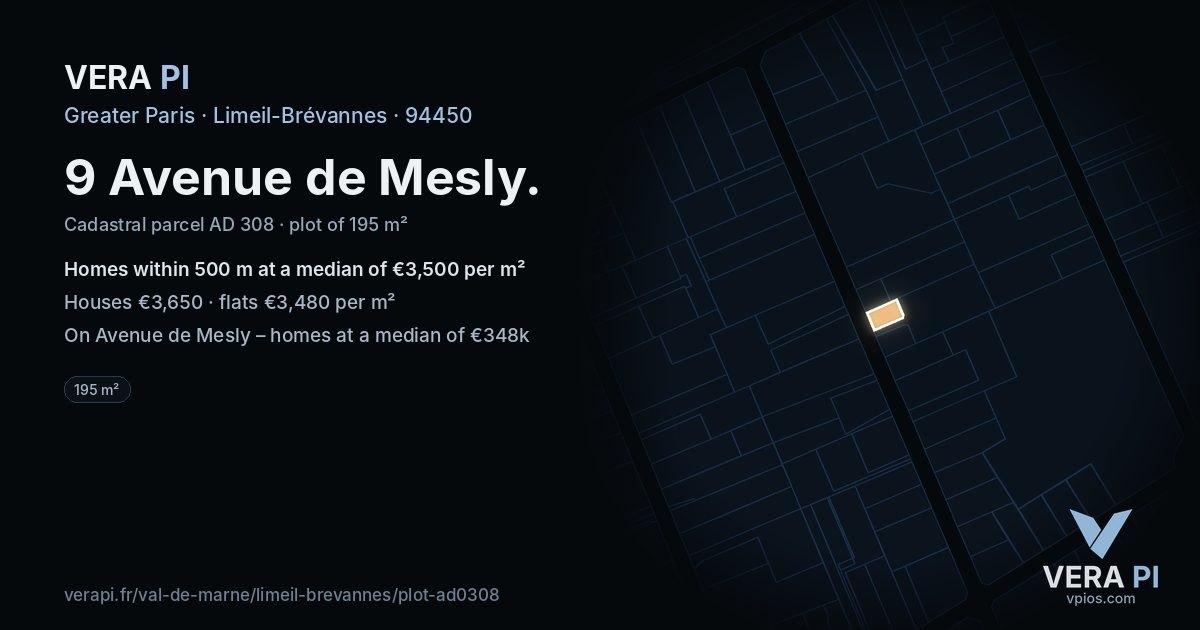9 Avenue de Mesly, Limeil-Brévannes at night – the plot lit, the parcels around coloured by the prices near them