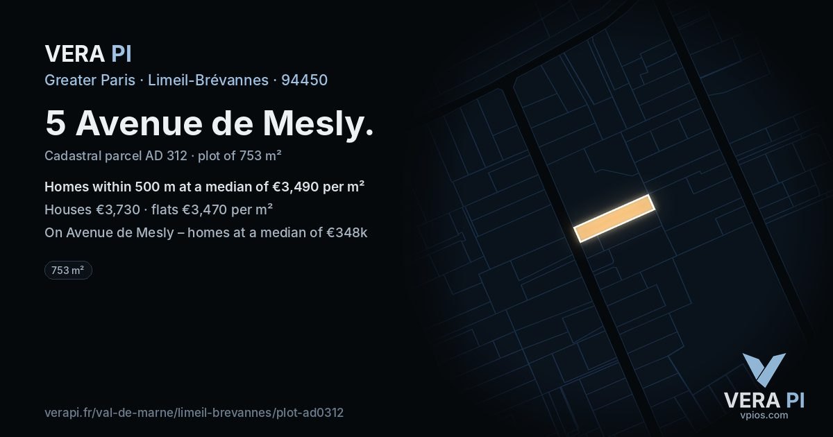 5 Avenue de Mesly, Limeil-Brévannes at night – the plot lit, the parcels around coloured by the prices near them