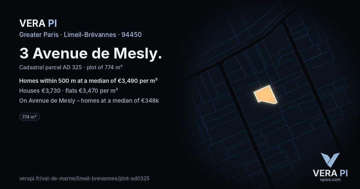 3 Avenue de Mesly, Limeil-Brévannes at night – the plot lit, the parcels around coloured by the prices near them
