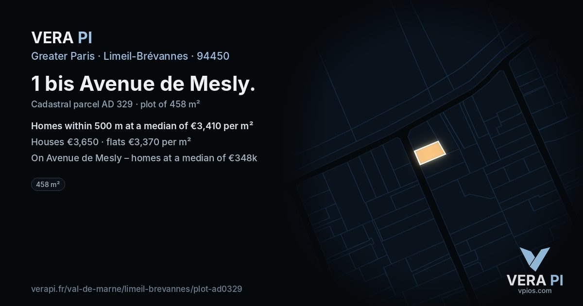 1 bis Avenue de Mesly, Limeil-Brévannes at night – the plot lit, the parcels around coloured by the prices near them