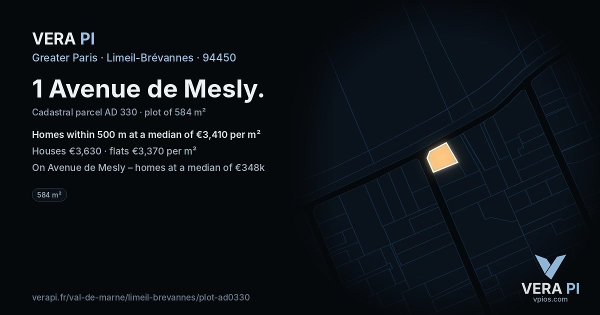 1 Avenue de Mesly, Limeil-Brévannes at night – the plot lit, the parcels around coloured by the prices near them