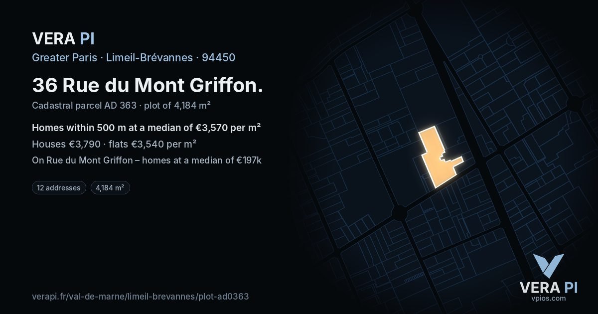 36 Rue du Mont Griffon, Limeil-Brévannes at night – the plot lit, the parcels around coloured by the prices near them