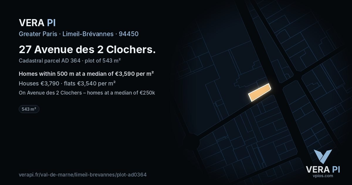 27 Avenue des 2 Clochers, Limeil-Brévannes at night – the plot lit, the parcels around coloured by the prices near them