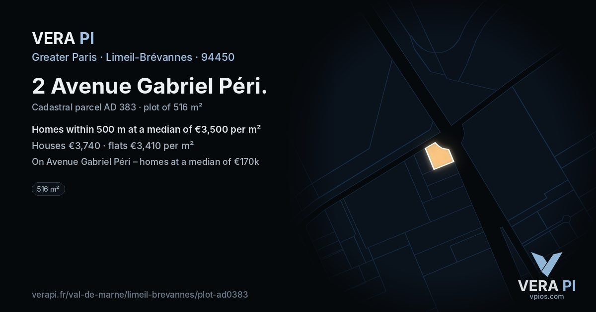 2 Avenue Gabriel Péri, Limeil-Brévannes at night – the plot lit, the parcels around coloured by the prices near them