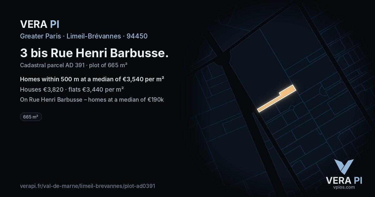 3 bis Rue Henri Barbusse, Limeil-Brévannes at night – the plot lit, the parcels around coloured by the prices near them