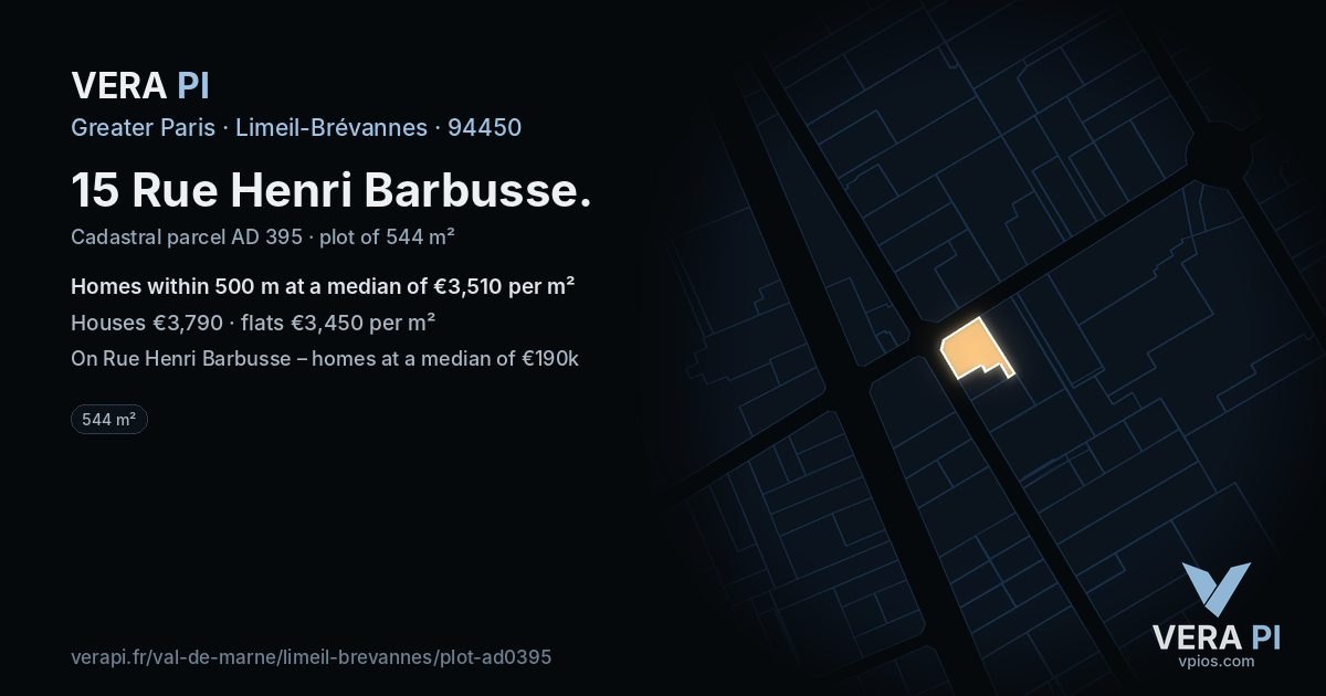 15 Rue Henri Barbusse, Limeil-Brévannes at night – the plot lit, the parcels around coloured by the prices near them