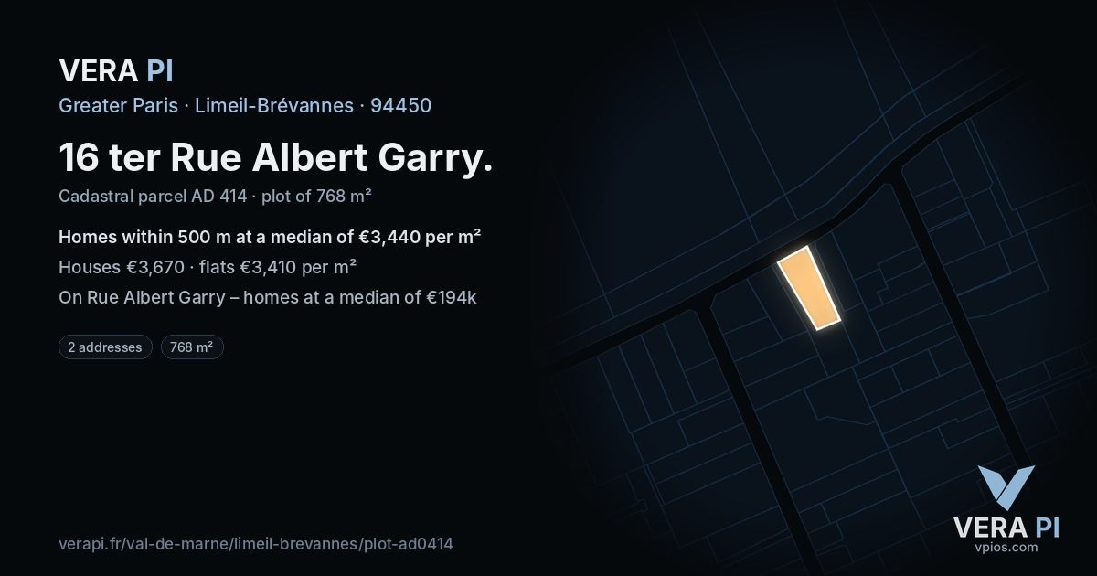 16 ter Rue Albert Garry, Limeil-Brévannes at night – the plot lit, the parcels around coloured by the prices near them