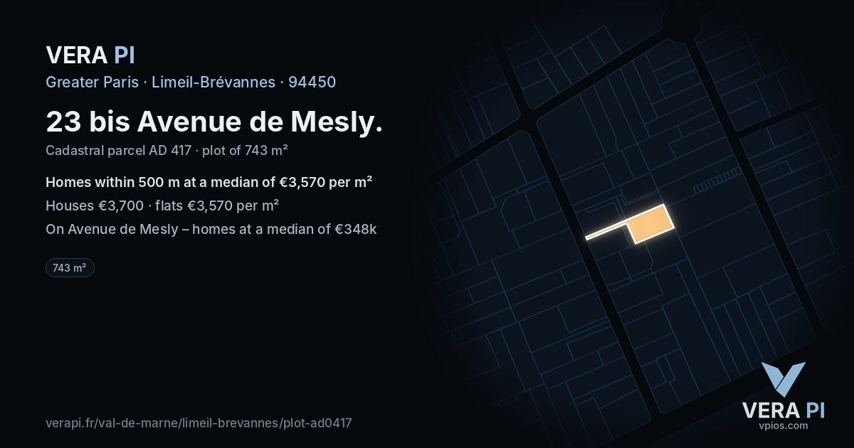 23 bis Avenue de Mesly, Limeil-Brévannes at night – the plot lit, the parcels around coloured by the prices near them