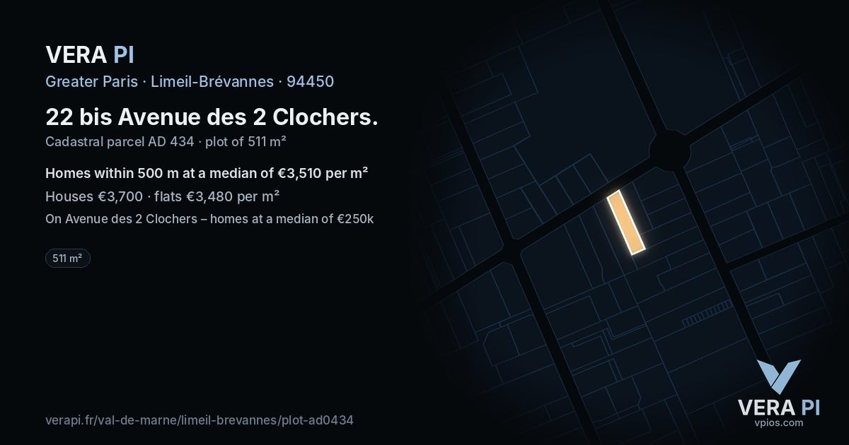 22 bis Avenue des 2 Clochers, Limeil-Brévannes at night – the plot lit, the parcels around coloured by the prices near them