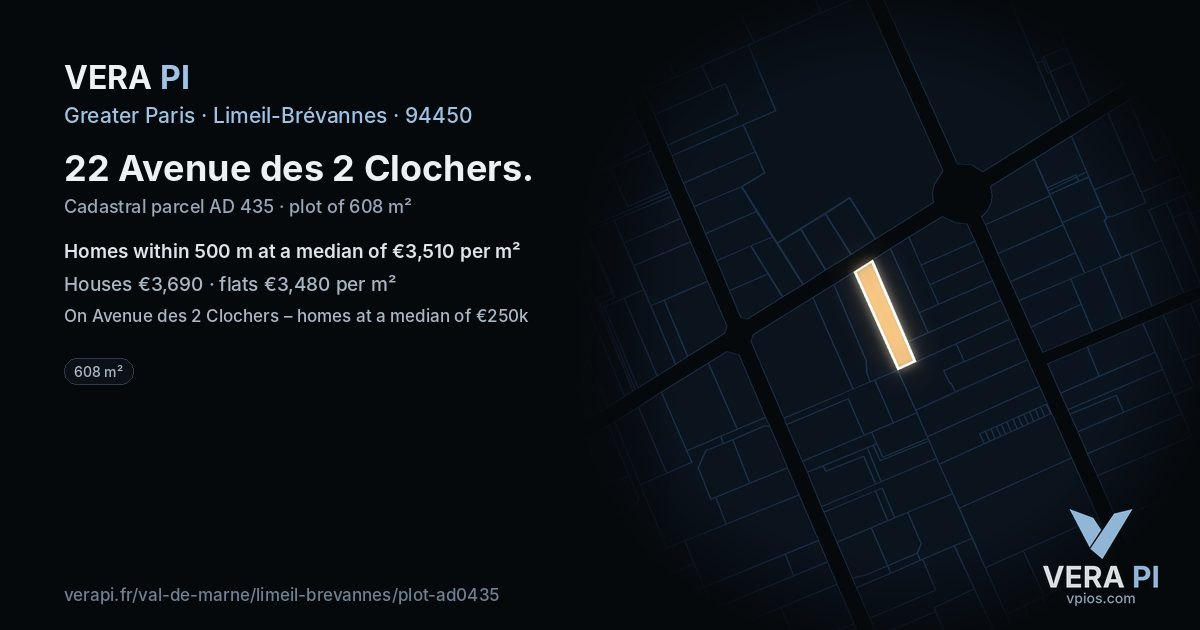 22 Avenue des 2 Clochers, Limeil-Brévannes at night – the plot lit, the parcels around coloured by the prices near them