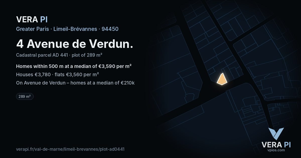 4 Avenue de Verdun, Limeil-Brévannes at night – the plot lit, the parcels around coloured by the prices near them
