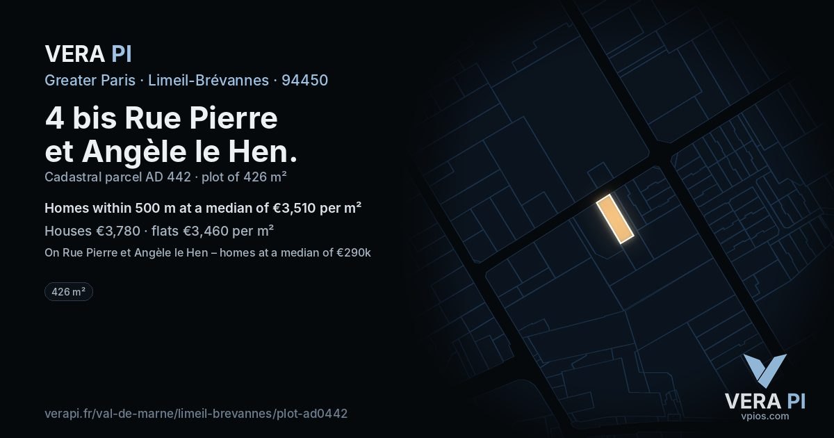 4 bis Rue Pierre et Angèle le Hen, Limeil-Brévannes at night – the plot lit, the parcels around coloured by the prices near them