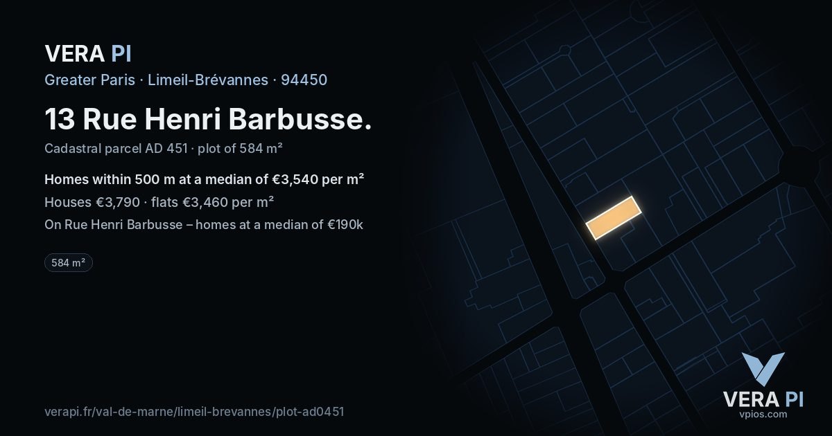 13 Rue Henri Barbusse, Limeil-Brévannes at night – the plot lit, the parcels around coloured by the prices near them