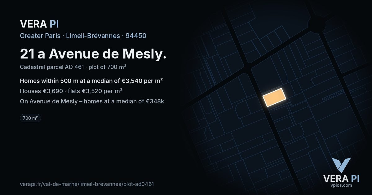 21 a Avenue de Mesly, Limeil-Brévannes at night – the plot lit, the parcels around coloured by the prices near them