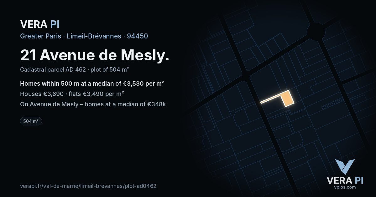 21 Avenue de Mesly, Limeil-Brévannes at night – the plot lit, the parcels around coloured by the prices near them