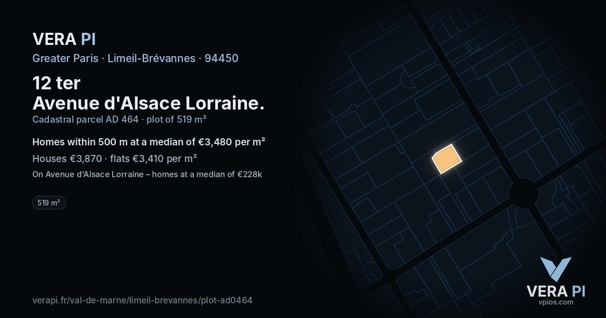 12 ter Avenue d'Alsace Lorraine, Limeil-Brévannes at night – the plot lit, the parcels around coloured by the prices near them