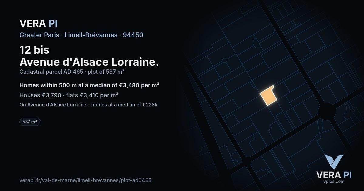 12 bis Avenue d'Alsace Lorraine, Limeil-Brévannes at night – the plot lit, the parcels around coloured by the prices near them