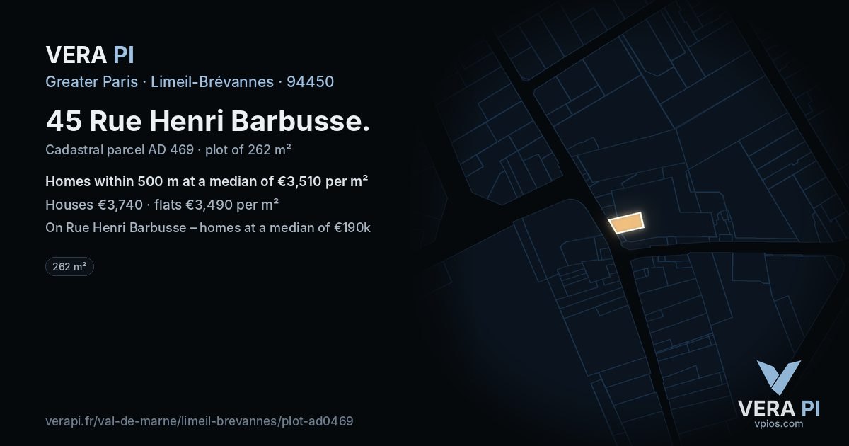 45 Rue Henri Barbusse, Limeil-Brévannes at night – the plot lit, the parcels around coloured by the prices near them