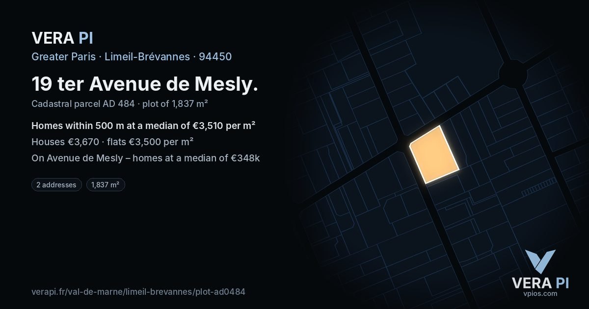 19 ter Avenue de Mesly, Limeil-Brévannes at night – the plot lit, the parcels around coloured by the prices near them