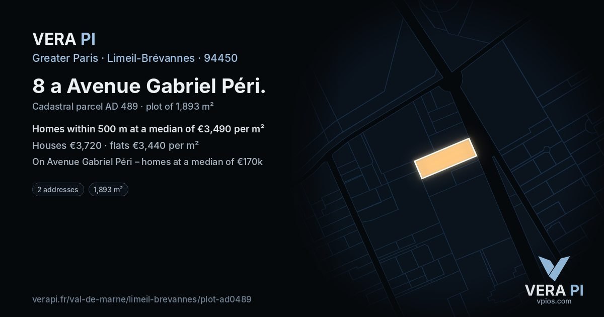 8 a Avenue Gabriel Péri, Limeil-Brévannes at night – the plot lit, the parcels around coloured by the prices near them
