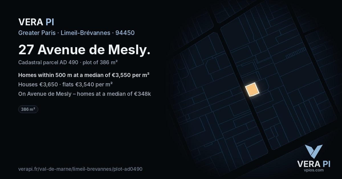 27 Avenue de Mesly, Limeil-Brévannes at night – the plot lit, the parcels around coloured by the prices near them