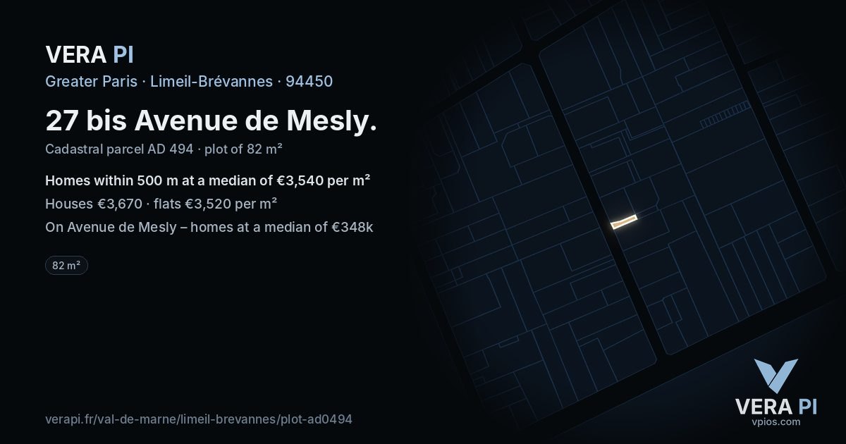 27 bis Avenue de Mesly, Limeil-Brévannes at night – the plot lit, the parcels around coloured by the prices near them