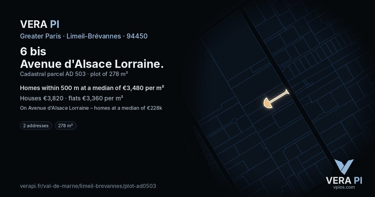 6 bis Avenue d'Alsace Lorraine, Limeil-Brévannes at night – the plot lit, the parcels around coloured by the prices near them