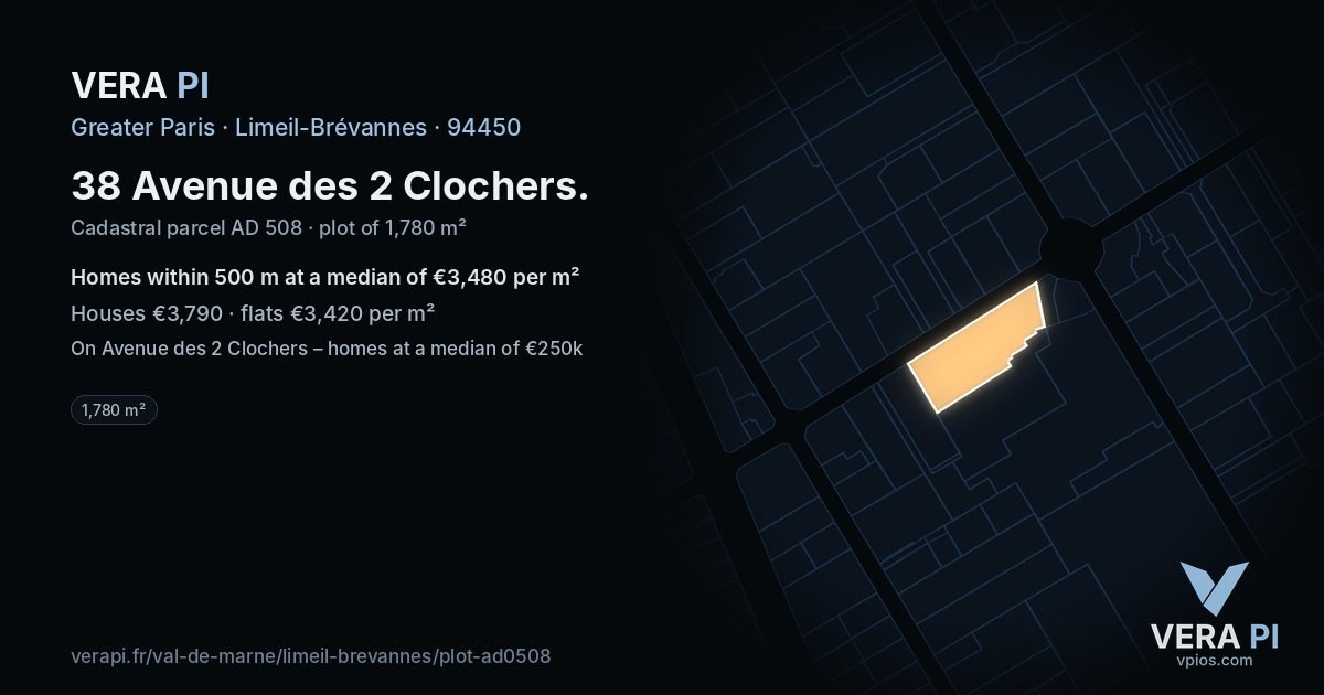 38 Avenue des 2 Clochers, Limeil-Brévannes at night – the plot lit, the parcels around coloured by the prices near them