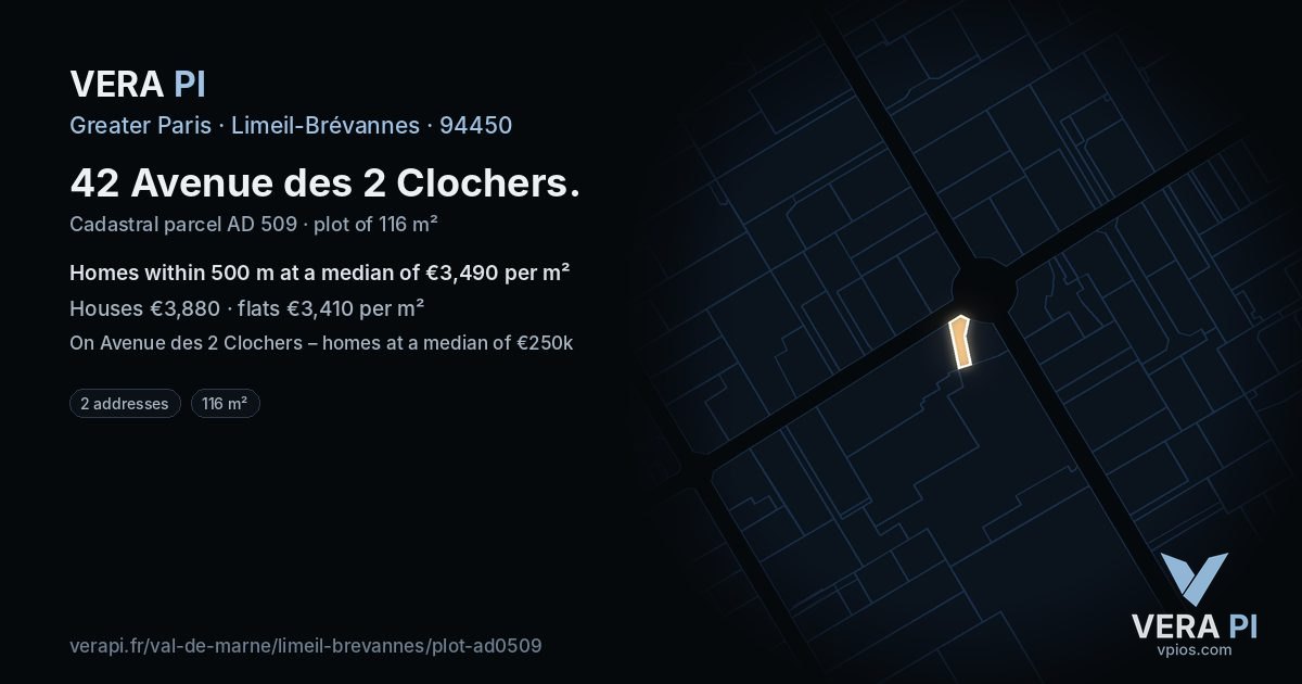 42 Avenue des 2 Clochers, Limeil-Brévannes at night – the plot lit, the parcels around coloured by the prices near them
