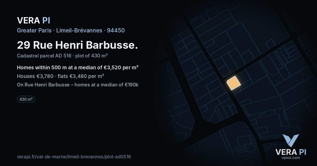 29 Rue Henri Barbusse, Limeil-Brévannes at night – the plot lit, the parcels around coloured by the prices near them