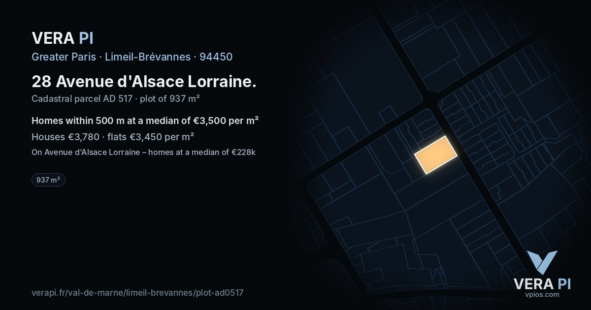 28 Avenue d'Alsace Lorraine, Limeil-Brévannes at night – the plot lit, the parcels around coloured by the prices near them
