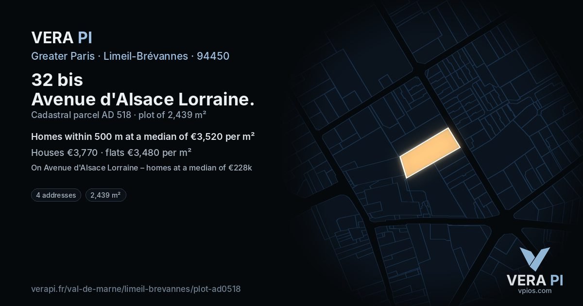 32 bis Avenue d'Alsace Lorraine, Limeil-Brévannes at night – the plot lit, the parcels around coloured by the prices near them