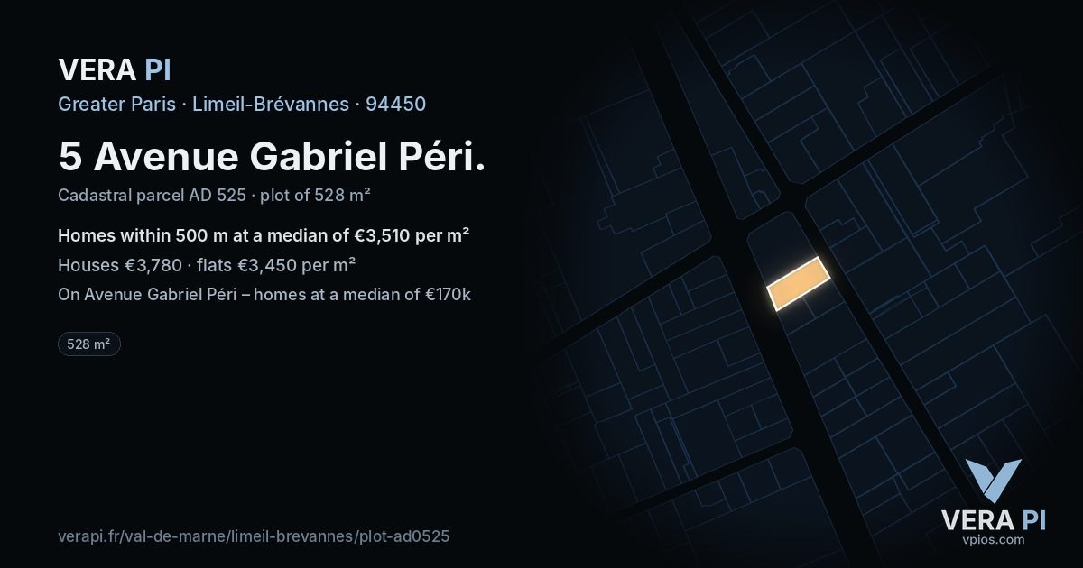 5 Avenue Gabriel Péri, Limeil-Brévannes at night – the plot lit, the parcels around coloured by the prices near them