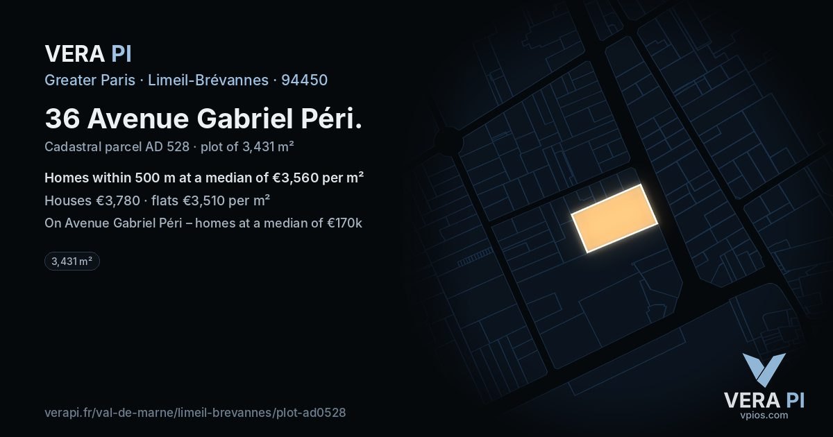 36 Avenue Gabriel Péri, Limeil-Brévannes at night – the plot lit, the parcels around coloured by the prices near them