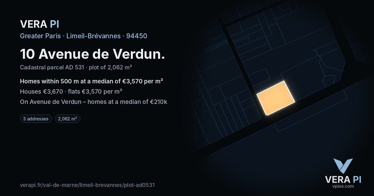 10 Avenue de Verdun, Limeil-Brévannes at night – the plot lit, the parcels around coloured by the prices near them