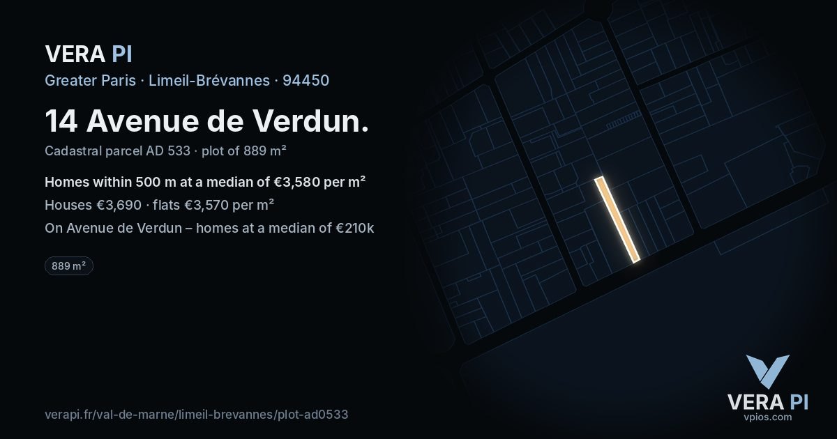 14 Avenue de Verdun, Limeil-Brévannes at night – the plot lit, the parcels around coloured by the prices near them
