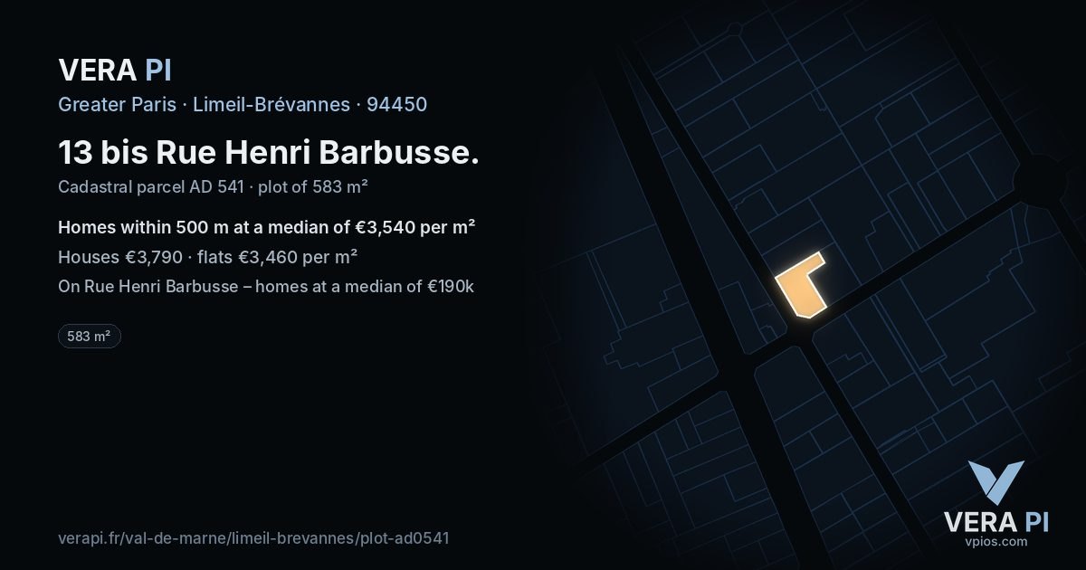 13 bis Rue Henri Barbusse, Limeil-Brévannes at night – the plot lit, the parcels around coloured by the prices near them