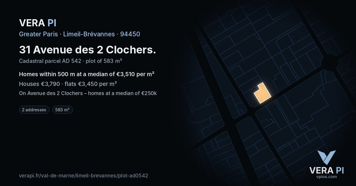 31 Avenue des 2 Clochers, Limeil-Brévannes at night – the plot lit, the parcels around coloured by the prices near them