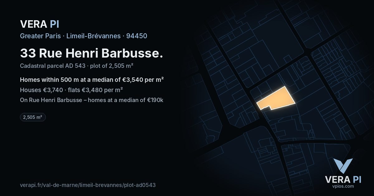 33 Rue Henri Barbusse, Limeil-Brévannes at night – the plot lit, the parcels around coloured by the prices near them