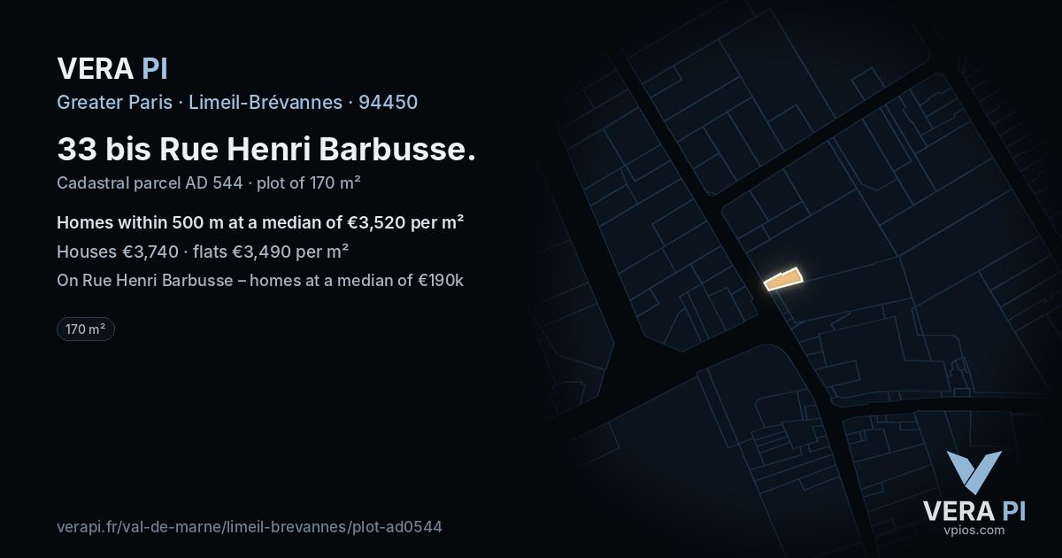 33 bis Rue Henri Barbusse, Limeil-Brévannes at night – the plot lit, the parcels around coloured by the prices near them