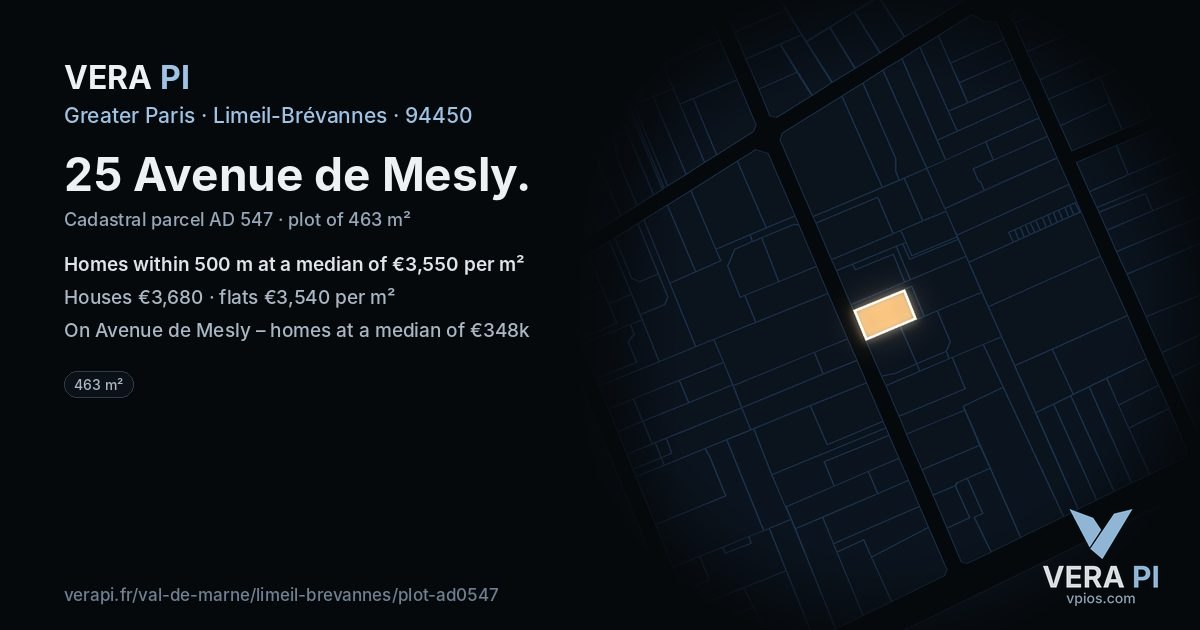 25 Avenue de Mesly, Limeil-Brévannes at night – the plot lit, the parcels around coloured by the prices near them
